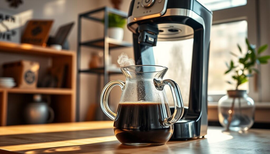 A beautifully arranged coffee maker focused on the classic drip brewing process. In the foreground, a gleaming glass carafe is placed on a wooden countertop, filled with freshly brewed coffee, steam rising gently from the surface. The coffee maker, with its black and silver design, is positioned prominently in the middle, showcasing a clear view of the brewing basket and filter filled with ground coffee. Soft morning light filters through a nearby window, casting warm, inviting shadows that enhance the cozy atmosphere. In the background, a shelf displays various coffee beans and a small potted plant, adding a touch of life to the scene. The angle captures the essence of a calm, morning ritual, perfect for illustrating this classic brewing method.
