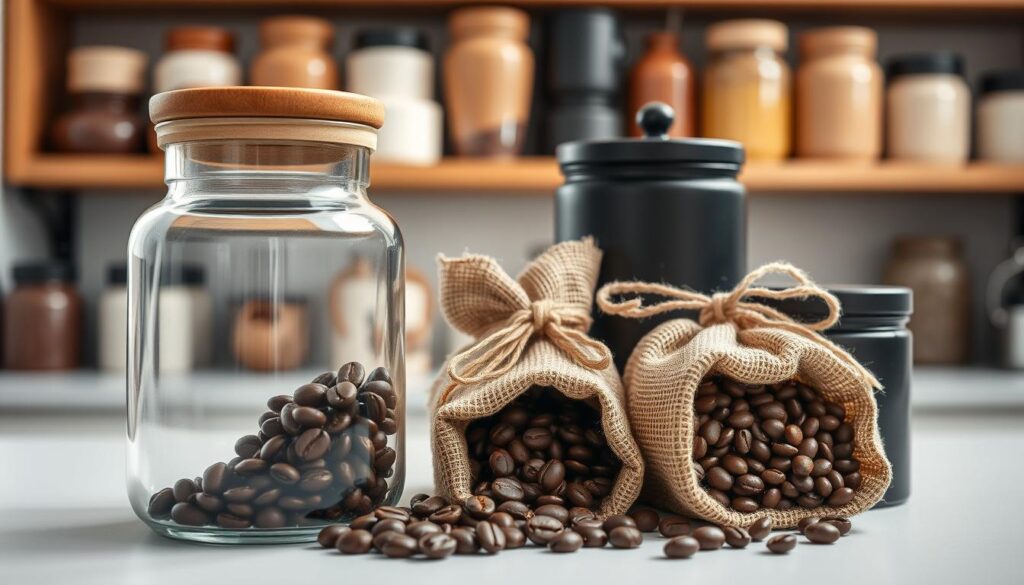 A beautifully arranged setup showcasing various containers for storing coffee beans. In the foreground, a sleek, modern glass jar with a wooden lid, slightly ajar, enticingly revealing glossy, dark coffee beans inside. Next to it, a burlap sack filled with beans, accented by a jute twine bow, emanates a rustic charm. In the middle ground, a matte black metal canister with an airtight seal glints softly. The background features softly blurred kitchen shelves lined with various ceramic jars, evoking a warm, inviting home atmosphere. Soft, natural lighting floods in from a window, casting gentle shadows and highlighting the texture of each container. The overall mood is cozy and sophisticated, perfect for coffee lovers seeking optimal storage solutions.