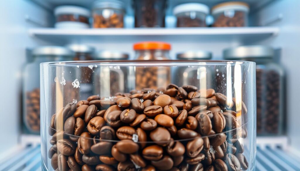 A beautifully arranged shot of a clear glass container filled with freshly roasted coffee beans, placed inside an open freezer. The foreground captures the glistening texture of the beans, with frost delicately collecting on the glass surface. In the middle, the freezer shelves are stocked with various other containers, highlighting an organized approach to coffee storage. Soft, cool lighting emanates from the interior of the freezer, subtly illuminating the beans and creating a serene atmosphere. The background includes blurred elements of a kitchen environment, focusing on the cleanliness and simplicity of the storage area. The overall mood is fresh and inviting, emphasizing the concept of preserving coffee's rich flavors effectively.