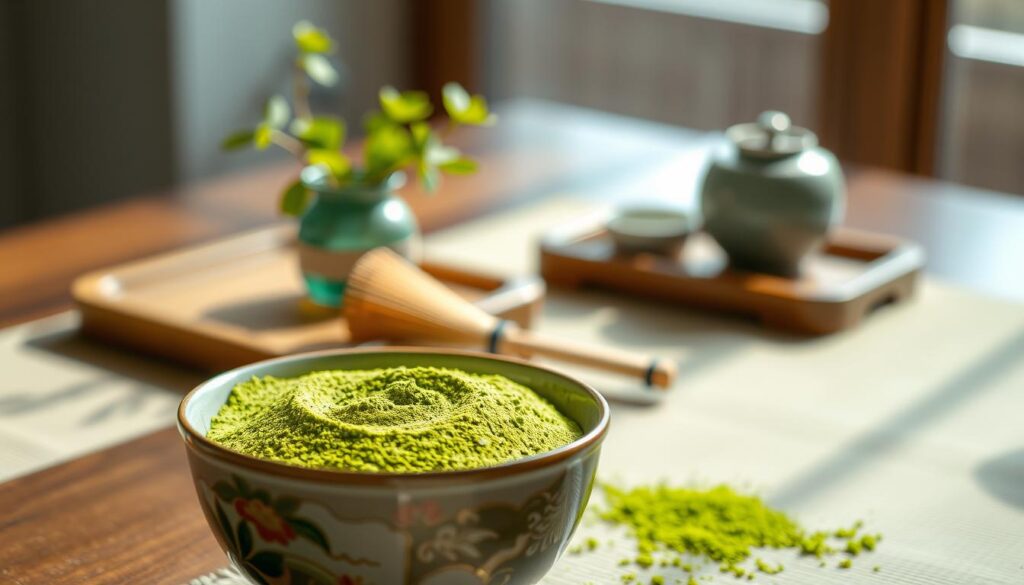 A beautifully prepared bowl of matcha green tea sits in the foreground, showcasing the vibrant, rich green color of the powder. The bowl is adorned with traditional Japanese patterns, highlighting cultural significance. In the middle ground, a bamboo whisk (chasen) lies next to the bowl, hinting at the preparation process. Soft natural light filters in from a window, casting gentle shadows and illuminating the glossy surface of the matcha. In the background, blurred elements of a peaceful tea setting—a wooden tea tray and a small vase of fresh greenery—enhance the serene atmosphere. The scene evokes a calm, tranquil mood, perfect for reflecting on the nuances of caffeine content in matcha compared to coffee. Use a shallow depth of field to draw focus to the matcha bowl, creating a sense of intimacy and inviting the viewer to explore the subject.