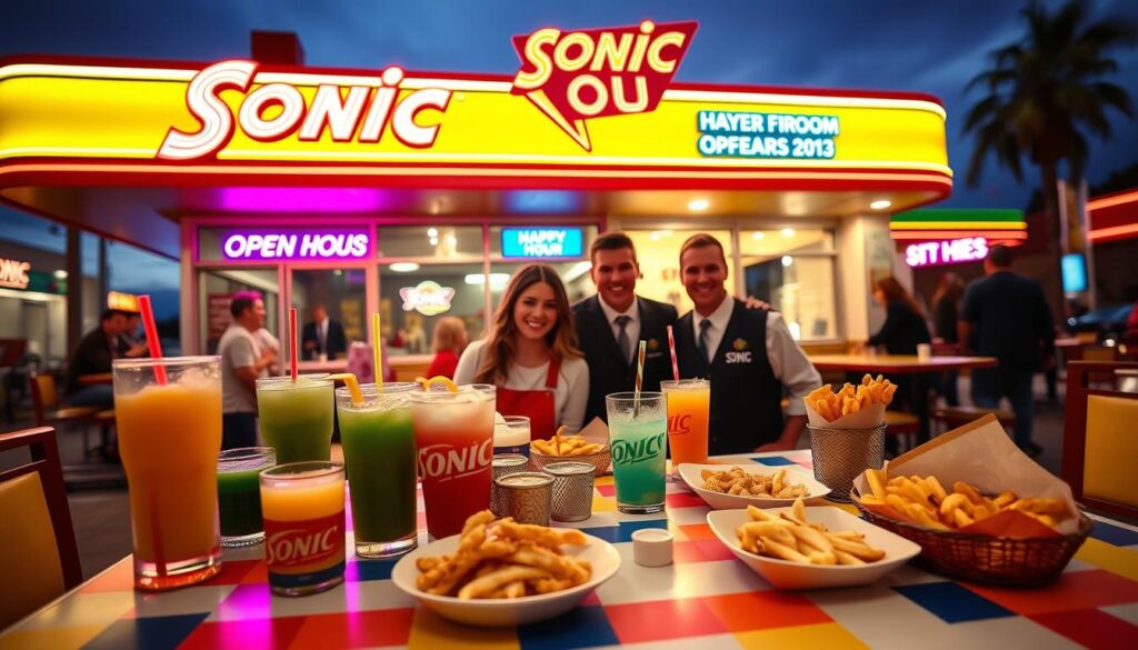 A cheerful diner setting showcasing a Sonic Drive-In restaurant during happy hour. In the foreground, a colorful table is filled with Sonic's signature drinks and food items like slushes, burgers, and fries, all displayed appetizingly. The middle ground features friendly staff members in professional attire greets customers with warm smiles, creating a welcoming atmosphere. In the background, the Sonic building is illuminated with vibrant neon signs indicating "Happy Hour" and open hours, set against a twilight sky that hints at evening dining. The scene captures the energy with soft, inviting lighting highlighting the food and drinks, evoking a sense of community and enjoyment. The perspective is slightly angled, giving depth and focus to the lively ambiance of a Sonic location, perfect for planning a visit.