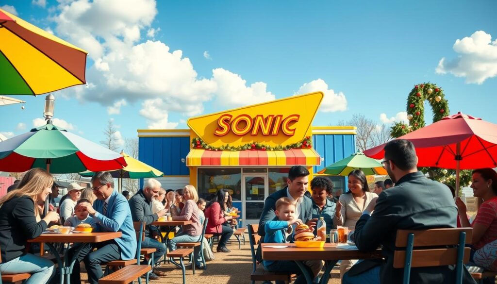 A cheerful holiday scene featuring a Sonic Drive-In restaurant bustling with families enjoying lunch outdoors. In the foreground, a diverse group of adults and children, dressed in smart casual clothing, are sitting at picnic tables under colorful umbrellas, happily sharing meals like burgers and fries. In the middle, the Sonic restaurant is depicted with its iconic blue and yellow decor, vibrant with holiday decorations such as lights and ornaments, creating a festive atmosphere. The background showcases a clear blue sky with fluffy white clouds, and a few trees adorned with holiday garlands. The lighting is bright and cheerful, capturing the essence of a sunny day, emphasizing the warmth and excitement of holiday gatherings. The angle is slightly elevated, creating a lively view of the scene that draws the viewer into the joyous ambiance.