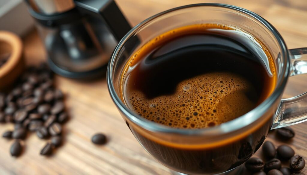 A close-up image of brewed coffee in a transparent glass cup, showing particles of soluble fiber swirling within the dark liquid. The coffee should appear rich and aromatic, with steam rising gently to indicate warmth. In the foreground, focus on the texture of the coffee, highlighting the fibrous particles suspended in it. In the middle ground, a wooden table surface can be seen, adding a natural feel. The background should feature soft, blurred coffee-related elements like a coffee maker and beans, creating a cozy atmosphere. Soft, warm lighting illuminates the scene from the side, enhancing the inviting mood. The angle should be slightly above eye level, making the coffee the clear focal point.