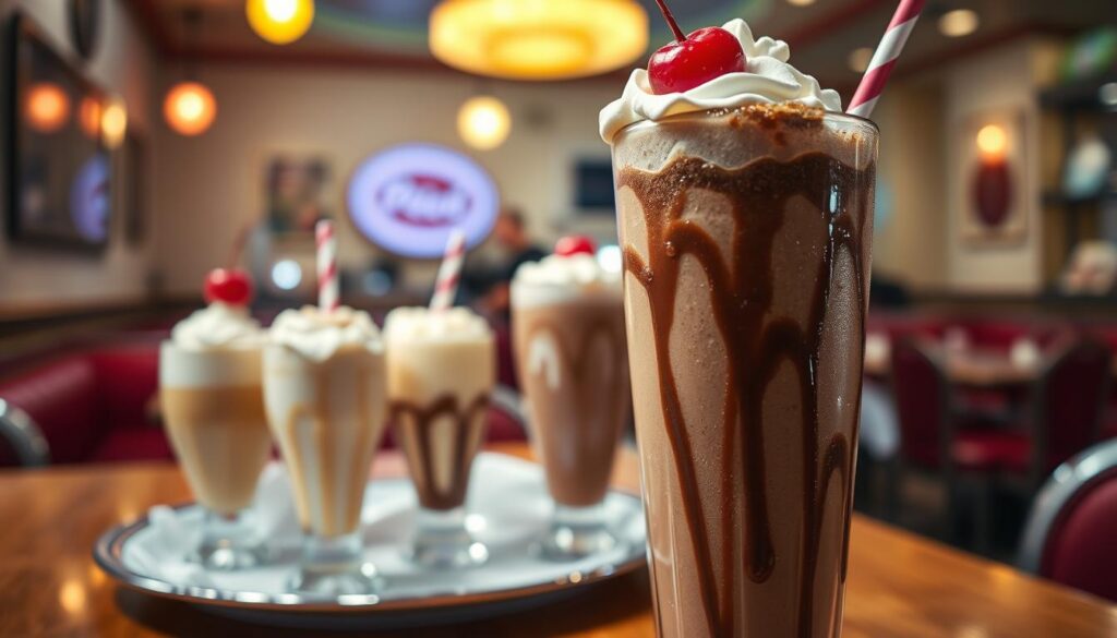 A close-up of a classic milkshake in a tall glass, topped with whipped cream and a cherry, with a colorful straw. The shake is a rich chocolate brown, oozing with a glossy sheen. In the foreground, the glass is adorned with condensation beads, indicating it's cold and refreshing. In the middle, a plate of various classic shakes, including vanilla and strawberry, lies elegantly on a retro diner table. The background features a blurred vintage diner interior, illuminated by soft, warm lighting that creates a cozy atmosphere. The shot is taken from a slightly elevated angle, making the shakes appear inviting and delectable. The overall mood is nostalgic and appetizing, perfect for enticing readers about calorie considerations before ordering.