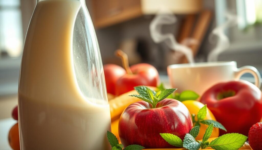 A close-up of a plastic bottle of coffee creamer, partially open to reveal its opaque, creamy contents. Surrounding the bottle, an array of vibrant fruits and vegetables, symbolizing healthier alternatives, with a focus on a shiny, red apple and a sprig of fresh mint. In the background, blurred but still discernible, a kitchen countertop with a coffee cup nearby, exuding a warm steam effect. Soft, natural lighting shines from a window, creating a cozy atmosphere that highlights the textures and colors of the ingredients. The scene conveys an air of concern and contemplation about health risks, with a balanced composition that draws the viewer's eye towards the coffee creamer while suggesting healthier choices.