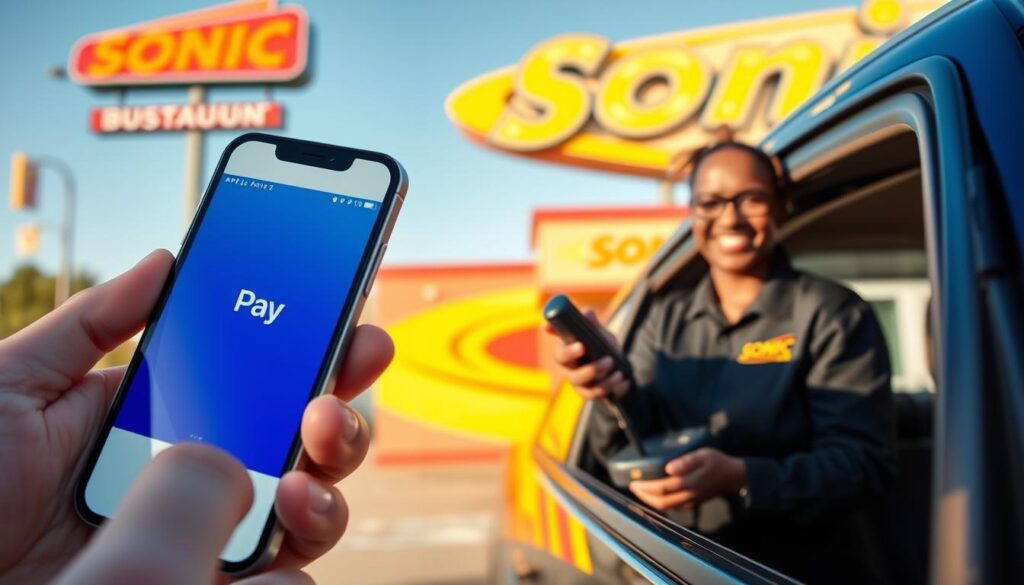 A close-up shot of a person holding an iPhone with Apple Pay opened on the screen, positioned at a Sonic drive-in restaurant. The foreground displays the smartphone clearly, capturing the Apple Pay interface in detail, with a visible Sonic logo. In the middle, a cheerful employee in a professional Sonic uniform stands at a car window, smiling and holding a contactless payment terminal, ready to accept the payment. The background features the colorful and inviting exterior of the Sonic restaurant, with bright signage and a clear blue sky. Soft, warm lighting creates an inviting atmosphere, emphasizing convenience and customer service, shot at a slightly tilted angle for dynamic effect.