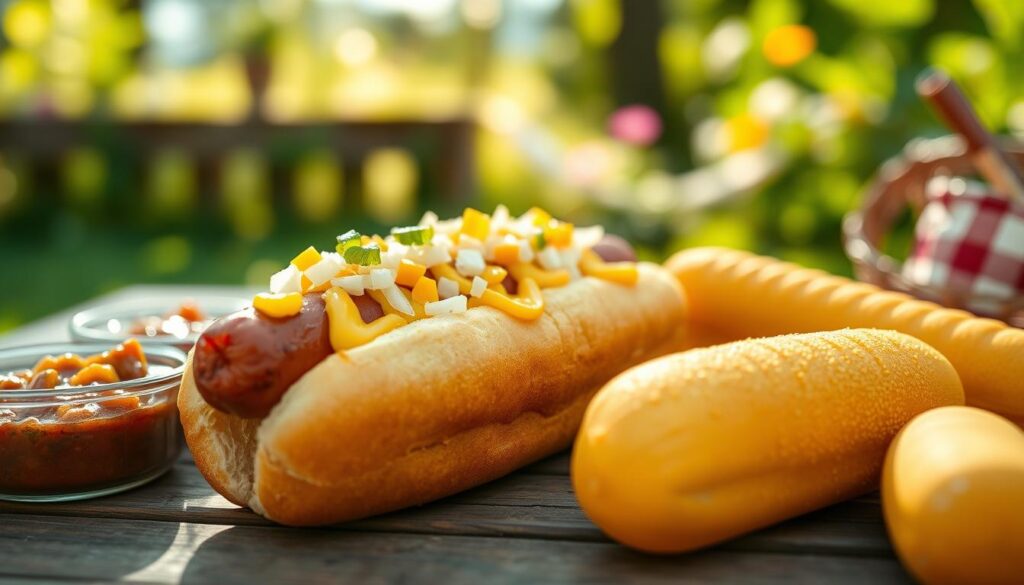 A close-up view of a delicious hot dog placed on a wooden picnic table, showcasing a perfectly grilled sausage nestled in a soft, gluten-free bun. The hot dog is generously topped with bright yellow mustard, fresh diced onions, and a sprinkle of shredded cheese, creating an inviting and appetizing appearance. Surrounding the hot dog, there are additional elements like a small bowl of spicy chili and a fluffy corn dog, highlighting the theme of gluten-free options. The background features a colorful summer picnic scene with blurred greenery and soft sunlight filtering through the leaves, contributing to a warm and cheerful atmosphere. The image is captured with a shallow depth of field, emphasizing the hot dog in sharp focus while creating a cozy, inviting ambiance.