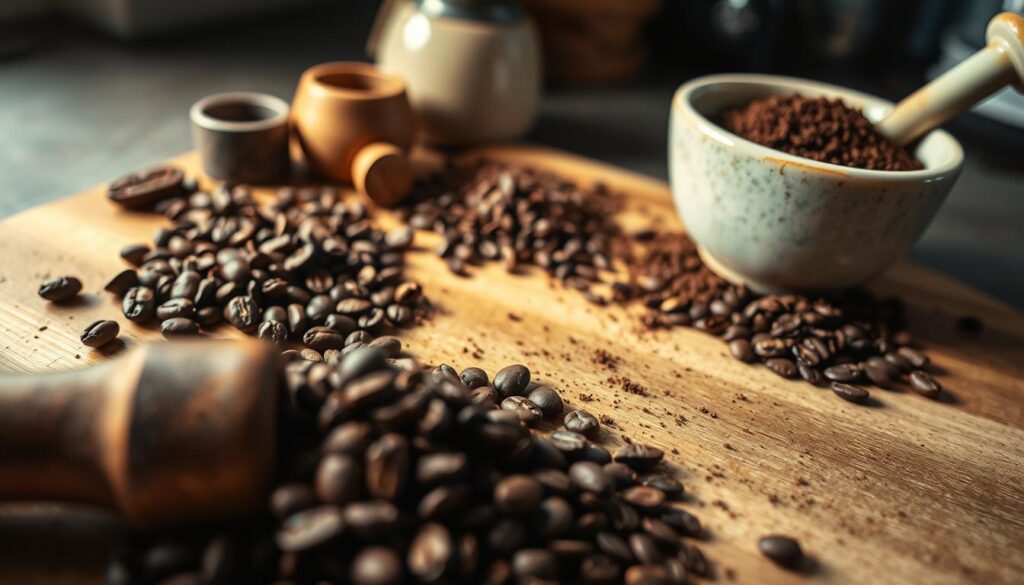 A close-up view of a wooden cutting board scattered with freshly ground coffee beans of varying grind sizes, showcasing the concept of a "consistent grind." In the foreground, there's a rustic mortar and pestle, with a few whole coffee beans nearby, indicating the manual process of grinding. The middle ground contains a simple ceramic cup filled with coarse coffee grounds, emphasizing the different textures. In the background, blurred kitchen tools are gently illuminated by soft, natural light coming from a nearby window, creating a warm and inviting atmosphere. The overall mood conveys an artisanal, hands-on approach to coffee preparation, highlighting the meticulous care involved in achieving the perfect grind. The angle is slightly overhead, providing an engaging perspective that draws the viewer into the coffee-making process.