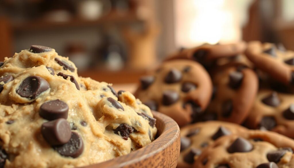 A close-up view of delicious chocolate chip cookie dough, displayed in a rustic wooden bowl, with visible chunks of dark chocolate scattered throughout the dough. In the foreground, the dough looks creamy and slightly glossy, emphasizing its rich texture. In the middle ground, a few freshly baked chocolate chip cookies are placed casually next to the bowl, showcasing their golden-brown edges and gooey centers. The background features a softly blurred kitchen setting with warm, natural lighting that creates a cozy and inviting atmosphere. This scene conveys a sense of indulgence and comfort perfect for chocolate lovers, capturing the essence of brownie and dough treats.
