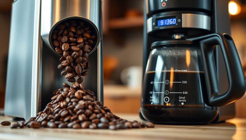 A close-up view of freshly ground coffee beans spilling from a sleek modern grinder, highlighting different grind sizes from coarse to fine. The foreground features a stainless steel coffee maker in elegant design, with the coffee pot partially filled with rich, dark liquid reflecting warm light. In the middle ground, a digital display shows adjustable settings for grind levels and brewing time. The background is softly blurred, depicting a cozy kitchen with warm ambient lighting, conveying a sense of comfort and precision. The overall mood is inviting and focused, emphasizing the process of troubleshooting coffee taste through adjustments. The composition should be shot at a slight angle to create depth, with natural lighting enhancing the warmth of the scene.