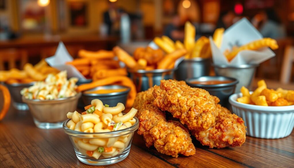 A colorful and enticing display of made-from-scratch sides and chicken options, beautifully arranged on a rustic wooden table. In the foreground, a golden-brown crispy fried chicken piece glistens with a light glaze, paired with creamy macaroni and cheese in a small bowl. Next to it, a vibrant coleslaw with shredded carrots and cabbage adds freshness to the scene. In the middle ground, a selection of classic fries, sweet potato fries, and onion rings showcase variety, while some dipping sauces sit nearby in small ceramic bowls. The background features a soft-focus of a cozy diner setting, warm lighting casting a welcoming glow over the food. The atmosphere is inviting and nostalgic, evoking the warmth of a friendly gathering. Ideal for a food article, the scene captures the delicious allure of side dishes and fried chicken options.