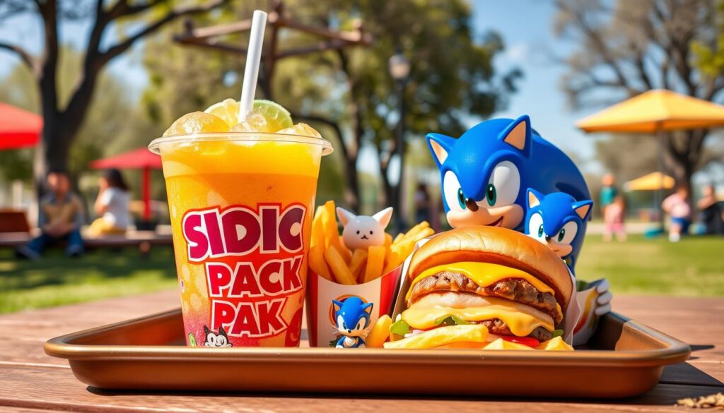 A colorful and whimsical arrangement showcasing a Sonic Wacky Pack kids meal. In the foreground, a vibrant, oversized Sonic cup filled with a colorful, slushy drink, accompanied by a perfectly arranged tray holding a cheeseburger, crispy fries, and a small toy figurine of Sonic the Hedgehog. In the middle, a playful atmosphere is enhanced by bright, cheerful colors and cartoonish elements, like animated food characters peeking from behind the tray. In the background, a sunny park scene with children playing, trees, and a blue sky, adding to the joyful ambiance. The lighting is bright and cheerful, emulating a sunny day, shot from a slightly elevated angle to capture the entirety of the meal with a sense of excitement and fun.
