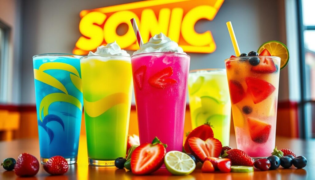 A colorful display of Sonic slush combinations in an inviting setting. In the foreground, three large cups filled with vibrant, layered slush drinks—one bright blue with swirls of yellow, another neon pink topped with whipped cream, and the last a refreshing green with colorful fruit slices. The middle ground features an array of fresh fruits like strawberries, limes, and berries scattered around, hinting at the customization options available. In the background, a softly glowing Sonic Drive-In sign illuminates the scene, creating a cheerful atmosphere. The lighting is bright and lively, showcasing the shininess of the slush cups. High angle shot to capture the vibrant colors and textures, evoking a sense of fun and creativity in enjoying Sonic slushes.