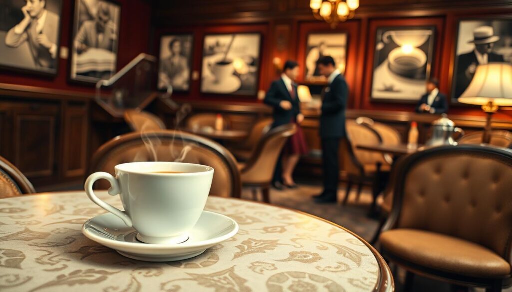 A cozy 1930s café scene featuring a steaming cup of coffee on a small round table, with a vintage coffee pot beside it. The foreground showcases a patterned tablecloth and delicate porcelain cup, reflecting the era's design. In the middle ground, elegant patrons dressed in period-appropriate attire, including men in suits and women in dresses, engaged in animated conversation. The background reveals a softly lit café interior, with wood paneling and art deco decor, richly colored walls adorned with black-and-white photographs of coffee history. Soft, warm lighting emanates from vintage lamps, creating an inviting atmosphere. The composition evokes nostalgia, capturing the essence of early coffee culture in the 1930s. The camera angle is slightly above eye level, providing a comprehensive view of the scene.