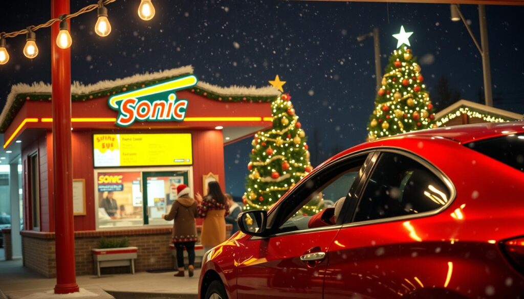 A cozy Sonic Drive-In on Christmas Eve, warmly illuminated by string lights and holiday decorations. In the foreground, a vibrant red Sonic car hop serving customers wearing festive attire, with snow gently falling around them. The middle ground features a festive menu board showcasing seasonal specials, reflecting the busy atmosphere of the car hops taking orders. In the background, a beautifully adorned Christmas tree stands near the entrance, glowing with lights and ornaments, set against a starry night sky. The scene is imbued with the warmth of holiday cheer, creating a welcoming and joyful ambiance, highlighting Sonic's holiday spirit. The lighting is soft and warm, with a focus on inviting glows and twinkling lights, evoking a sense of community and celebration.