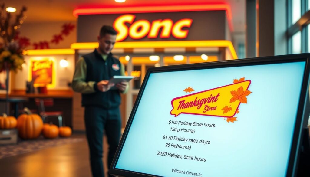 A cozy and inviting scene depicting a digital screen displaying Sonic Drive-In's store hours for Thanksgiving in a modern setting. In the foreground, focus on a clear, bright monitor showing an illustrated Sonic logo and a list of hours with a festive holiday theme, surrounded by autumn decorations like pumpkins and colorful leaves. In the middle ground, include a friendly employee in a crisp Sonic uniform checking a tablet for customer inquiries. In the background, create a soft-focus of a charming Sonic restaurant exterior with warm lighting, inviting customers to enter. The atmosphere is friendly and festive, conveying a sense of community celebration. Use a slight tilt angle to enhance visual interest and evoke a welcoming mood.