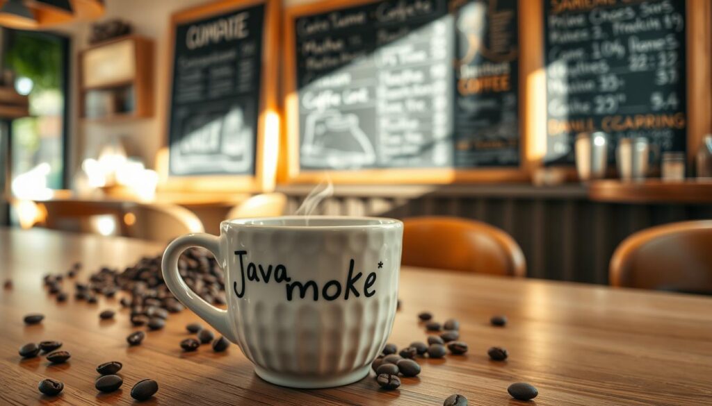 A cozy café setting with a steaming cup of coffee labeled "Java Jamoke" prominently in the foreground. The cup is white ceramic, beautifully textured, placed on a polished wooden table. In the background, there's an array of coffee beans scattered artfully. The middle ground features a chalkboard menu with various coffee options, hinting at mocha and other beverages. Soft, warm lighting creates an inviting atmosphere, casting gentle shadows across the scene, while a large window allows morning sunlight to stream in, illuminating the aroma of freshly brewed coffee. The overall mood is relaxed and inviting, perfect for coffee lovers, with an emphasis on the rich cultural history behind the name.