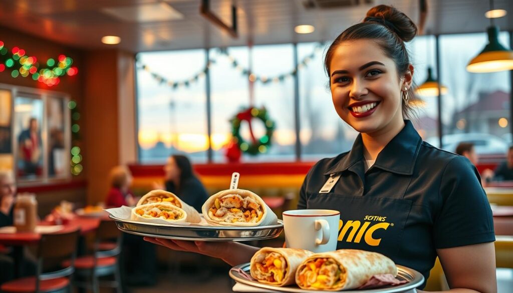 A cozy diner setting during the holiday season, showcasing the morning ambiance of a Sonic drive-in. In the foreground, a cheerful server in a smart Sonic uniform holds a tray with breakfast items, such as breakfast burritos and coffee, with a warm smile. In the middle, colorful decorations like strings of lights and a festive wreath can be seen, highlighting the holiday theme. In the background, a softly illuminated sky with hints of morning light suggests early hours. The diner is bustling with activity, capturing the spirit of the holidays and delicious breakfast meals. Soft, warm lighting creates an inviting atmosphere, with a shallow depth of field focusing on the food and server, while the festive environment enhances the mood.