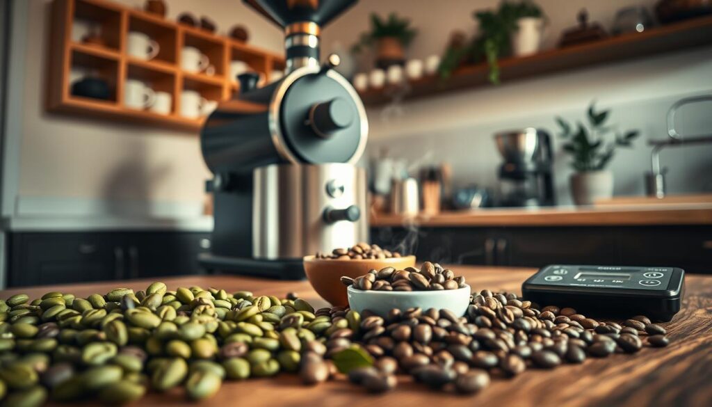 A cozy home coffee roaster setup, featuring a stylish countertop roaster with shiny metallic elements. In the foreground, fresh green coffee beans are spread across a rustic wooden table, while a small bowl holds roasted beans in various shades of brown, showcasing their transformation. In the middle, a warm coffee roaster emits light wisps of steam, surrounded by essential tools like a grinder and a digital scale, all well-organized. The background softens into a softly-lit kitchen with blurred shelves filled with coffee mugs and a potted plant, creating a warm, inviting atmosphere. The lighting is warm and natural, with sunlight filtering through a nearby window, capturing the essence of a dedicated coffee lover's space. The composition conveys a sense of passion and expertise, perfect for illustrating the art of roasting coffee at home.