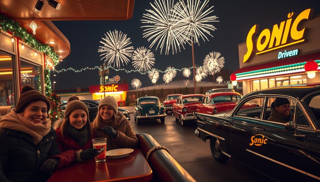A cozy, inviting Sonic drive-in restaurant during New Year's Eve, featuring a festive atmosphere with twinkling fairy lights and colorful decorations. In the foreground, a family of four, dressed in warm, casual winter attire, happily enjoying their meals at a car-side table. In the middle ground, several classic Sonic cars with cheerful customers, each car adorned with sparkling holiday ornaments. In the background, a night sky filled with fireworks illuminating the scene, reflecting a celebratory mood. The lighting is warm and soft, capturing the essence of togetherness and holiday spirit, while the angle is slightly elevated, showcasing the full ambiance of the bustling drive-in. The image conveys warmth, joy, and the excitement of celebrating the New Year with family and friends.