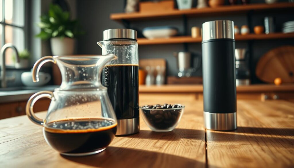 A cozy kitchen scene focusing on leftover coffee storage options. In the foreground, a charming, glass coffee carafe is filled with cooled coffee, showing a rich, dark color. Beside it, a sleek stainless steel coffee thermos stands ready for storage, with condensation droplets for a touch of realism. In the middle ground, a rustic wooden table is adorned with a small decorative bowl of coffee beans, hinting at freshness. Soft, warm lighting filters through a nearby window, casting gentle shadows and creating an inviting atmosphere. The background features blurred shelves lined with coffee-related items, enhancing the cozy home vibe. Capture a sense of warmth and comfort, emphasizing practical storage solutions that help preserve flavor. The angle should be slightly elevated, focusing on the coffee storage options while revealing a warm ambiance.