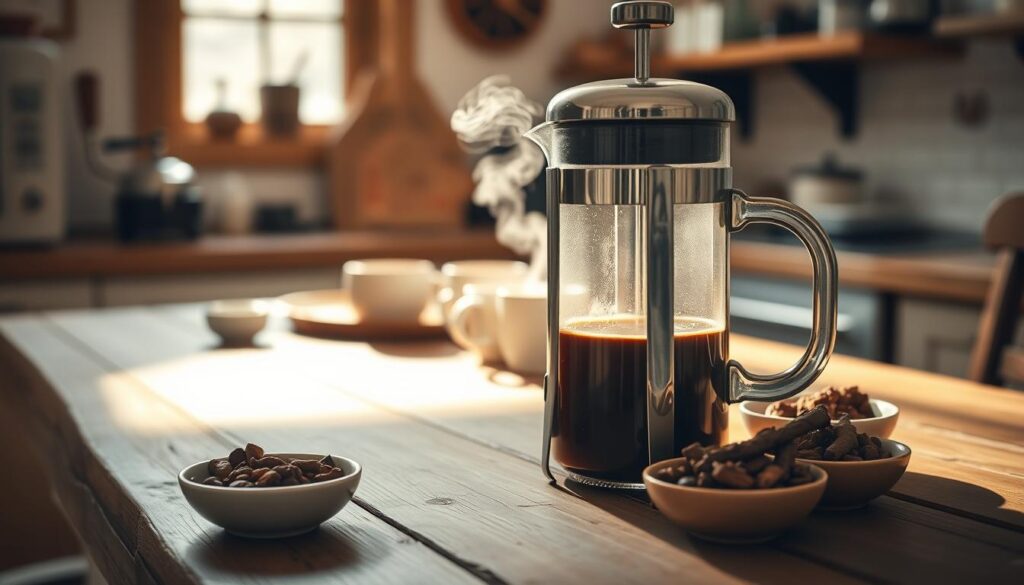 A cozy kitchen scene showcasing the process of brewing chicory coffee. In the foreground, a rustic wooden table holds a traditional French press filled with brewed chicory coffee, steam rising softly from the spout. Surrounding it are small bowls of roasted chicory roots and a fragrant coffee grinder. In the middle, a set of ceramic mugs adds warmth, while a bright window in the background allows soft, natural light to fill the space. Soft shadows create a welcoming atmosphere. The overall mood is inviting and homely, evoking a sense of comfort and nostalgia for traditional coffee brewing methods. Capture this scene from a slightly elevated angle to emphasize the arrangement on the table.