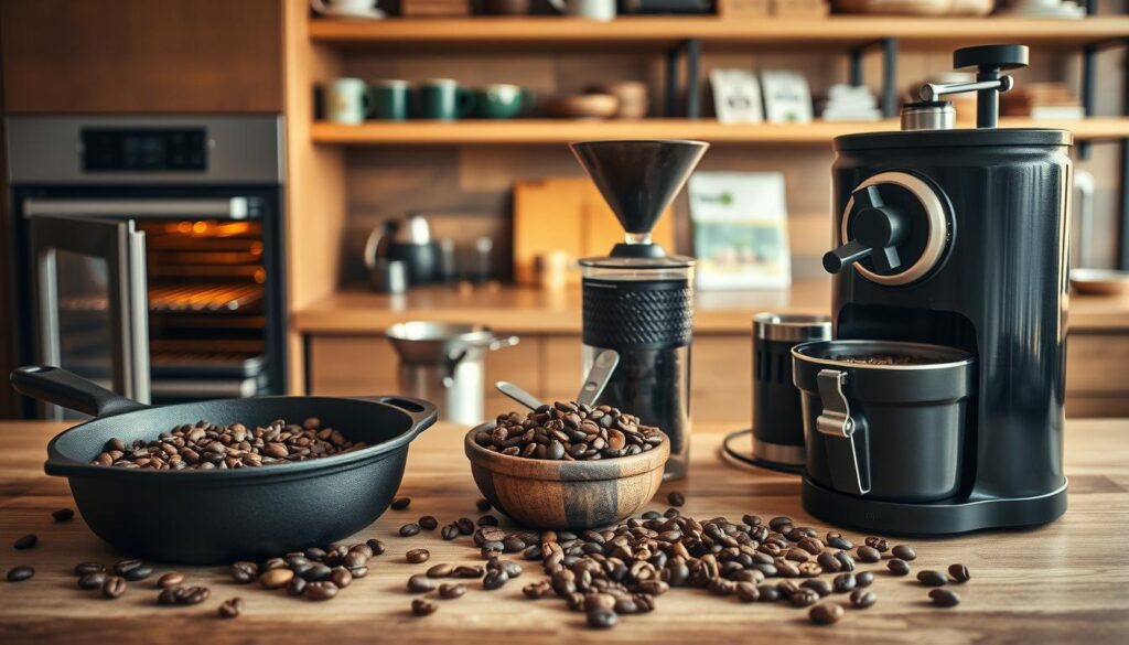 A cozy kitchen setting showcasing various home roasting methods for coffee beans. In the foreground, a beautifully arranged display includes a cast iron skillet, an oven with the door slightly ajar, a vintage popcorn popper, and a sleek home coffee roaster, each with roasted coffee beans scattered around. The middle ground features a wooden countertop with a bowl of green coffee beans and measuring tools. The background is softly lit, revealing warm, earthy tones with shelves holding coffee-related items, like mugs and bags of beans. The lighting is warm and inviting, creating a homely atmosphere. The image captures the essence of coffee roasting methods, emphasizing both tradition and modern techniques, with a focus on clarity and detail.