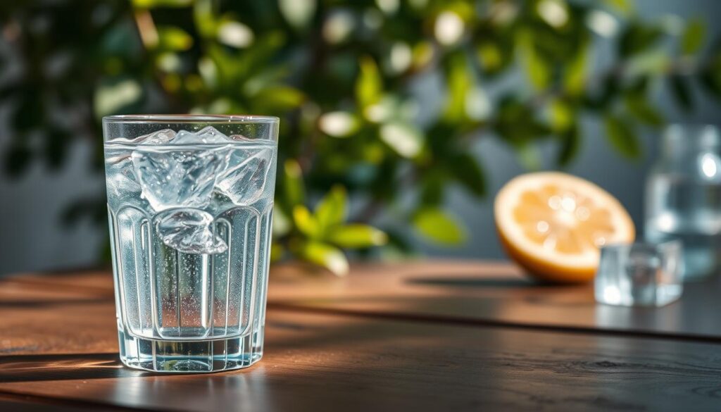 A crystal-clear glass of water filled to the brim, glistening with condensation, sits prominently in the foreground. The glass is placed on a rustic wooden table, adding a natural touch. Soft, dappled sunlight filters through leafy green plants in the middle ground, creating playful shadows and enhancing the refreshing vibe. In the background, out-of-focus images of ice cubes and slices of lemon suggest a refreshing drink experience. The mood is calm and invigorating, evoking a sense of hydration and refreshment. The image is shot at eye level with a shallow depth of field to bring focus to the water while subtly blurring the background elements. The overall color palette features cool blues and warm earthy tones, creating a harmonious balance.