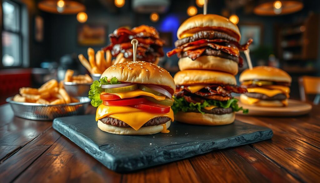 A delicious arrangement of gourmet burgers served on a rustic wooden table. In the foreground, a classic cheeseburger stacked high with melted cheddar, crisp lettuce, sliced tomatoes, and pickles rests on a slate platter, juices glistening under warm, inviting lighting. Beside it, a towering double-decker burger with two perfectly grilled patties, a smoky BBQ sauce, and crispy bacon. In the middle ground, a colorful assortment of side dishes including golden fries and onion rings are artfully displayed, enhancing the burger scene. The background features a cozy diner atmosphere with soft bokeh lights creating a warm, inviting mood. The angle captures a dynamic view from above, showcasing the textures and layers of the burgers, emphasizing the richness and appeal of Sonic Drive-In's burger offerings.