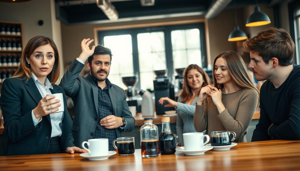 A diverse group of people in a café setting, each reacting differently to black coffee. In the foreground, a woman in a business suit raises her cup with a surprised expression, while next to her, a man in casual attire seems energized, leaning slightly forward with enthusiasm. The middle ground features two friends engaged in discussion, one observing their watch with concern, and the other tapping a finger on the table, contemplating. The background shows shelves of coffee behind the barista, and large windows letting in soft, warm sunlight, creating a cozy atmosphere. The scene is lively yet focused, capturing the nuances of varying responses to caffeine. The composition should be framed with a slight depth of field, highlighting the expressions and interactions while gently blurring the background.