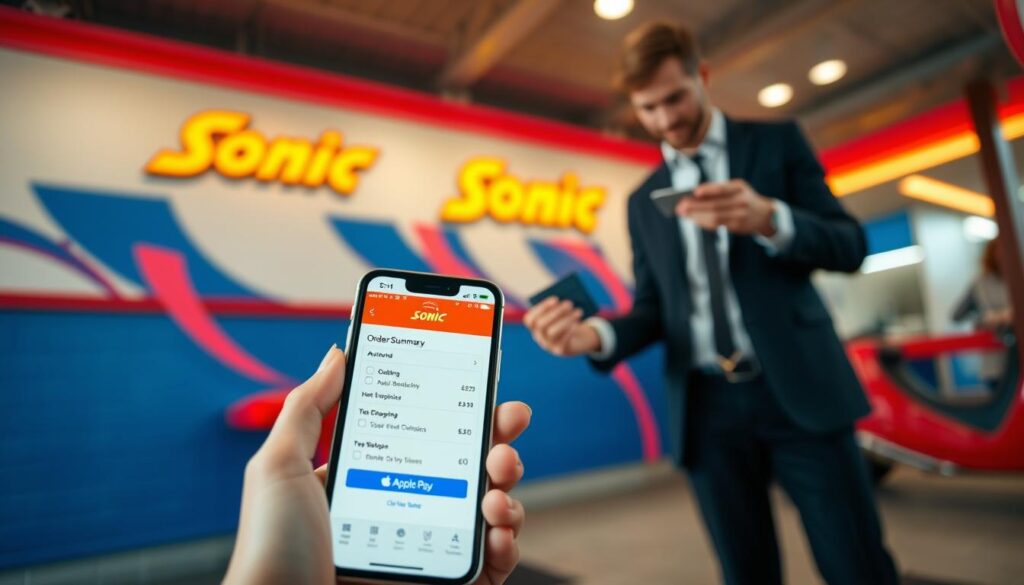 A modern smartphone displaying the Sonic app interface prominently in the foreground, showcasing an order summary with a visible Apple Pay logo. The background features a casual yet inviting Sonic drive-in restaurant setting, with vibrant blue and red colors that reflect the brand’s identity. Soft, ambient lighting creates a warm atmosphere, suggesting a sunny day. In the middle ground, a person dressed in smart casual attire, holding a card, appears engaged with the app on their phone, demonstrating the ease of using Apple Pay. The angle is slightly elevated, capturing both the phone and the inviting environment, conveying a sense of convenience and modernity in the Sonic ordering experience.