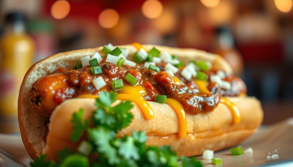 A mouthwatering close-up of a chili cheese coney hot dog, featuring a perfectly grilled sausage nestled in a soft, toasted bun, generously topped with rich, hearty chili and melted cheese. In the foreground, the coney is drizzled with a bold sprinkle of diced onions for added texture and flavor. The middle ground includes a vibrant green garnish of fresh cilantro, contrasting against the warm tones of the chili. The background fades softly, hinting at a diner setting with warm, inviting lighting and the faint blur of colorful condiments on a table, enhancing the mood of a nostalgic eatery. The overall atmosphere should evoke a sense of comfort and indulgence, showcasing this signature dish in an appetizing way.