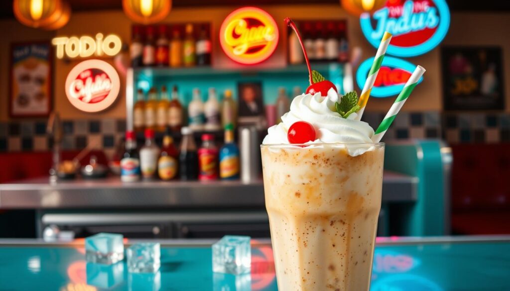 A refreshing glass of creamy "dirty soda" sits prominently in the foreground, showcasing a blend of cola, cream, and a hint of coconut, topped with a generous swirl of whipped cream and a maraschino cherry. The cup is adorned with colorful straws and a playful garnish of mint leaves. In the middle, a vibrant bar counter filled with various soda syrups and mixers creates a lively atmosphere, with ice cubes glistening under warm, inviting lighting. The background features a fun, retro-style diner setting with neon signs and cozy booth seating, enhancing the nostalgic vibe. The image is captured from a slightly elevated angle, emphasizing the drink's texture and inviting presentation, evoking a sense of indulgence and delight.
