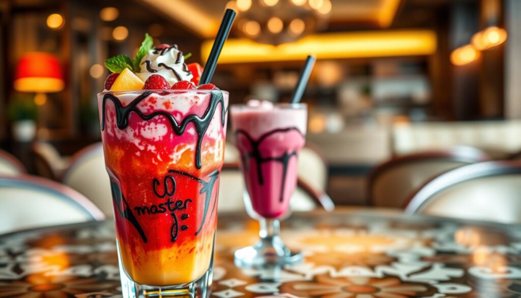 A rich and indulgent thick blend of vibrant colors fills the foreground, showcasing a delicious Master Blast drink overflowing with layers of creamy textures, fruit garnishes, and chocolate drizzle. The middle ground features an inviting, stylish glass with a sleek straw, resting on a beautifully patterned table that enhances the luxurious vibe. In the background, hints of a modern café ambiance create a warm atmosphere with soft lighting that highlights the drink's rich hues and textures. The image should be captured at a slight angle to emphasize the drink's lavish qualities, with a shallow depth of field giving a soft blur to the background while keeping the Master Blast focal and enticing. The overall mood is indulgent and refreshing, perfect for conveying the experience of enjoying a premium thick blend.