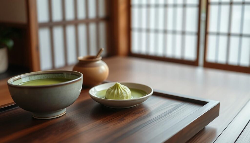 A serene matcha serving scene, featuring a traditional Japanese matcha bowl, elegantly whisked matcha tea, and a delicate tea tray. In the foreground, the vibrant green matcha contrasts beautifully with the earthy tones of the bowl and tray. In the middle ground, a small plate rests near the matcha bowl, showcasing fresh mochi or a sweet treat, enhancing the aesthetic appeal. The background gently fades into a calming Japanese-style room, with soft natural light filtering through a shoji screen, casting gentle shadows. The atmosphere evokes tranquility and mindfulness, capturing the essence of matcha culture. The image should have a shallow depth of field, focusing on the matcha while softly blurring the background elements.