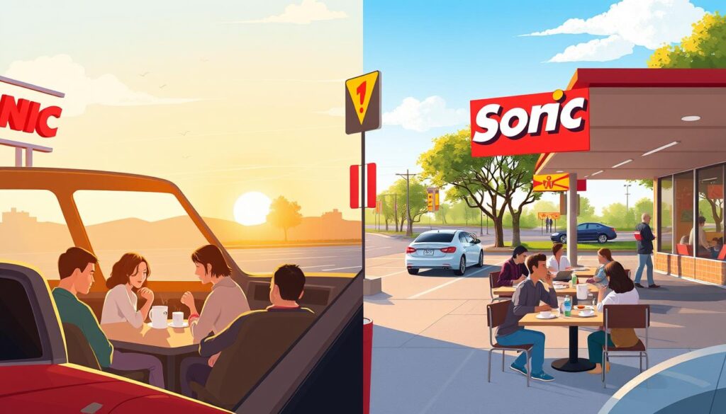 A serene split-scene illustration showcasing the contrast between weekday and weekend breakfast hours at Sonic Drive-In. In the foreground, a bustling Sonic drive-in with customers in modest casual clothing enjoying breakfast in their cars during a weekday morning. Tables are occupied with families and individuals sipping coffee, while the sun rises with warm golden hues casting soft shadows. In the middle, a relaxing weekend scene features fewer patrons, some savoring leisurely breakfasts outside under a clear blue sky. Brightly colored Sonic banners are visible, emphasizing the breakfast theme. In the background, trees and light traffic suggest a quiet suburban setting. Soft, natural lighting enhances the inviting atmosphere, showcasing the different vibes of breakfast during weekdays versus weekends.