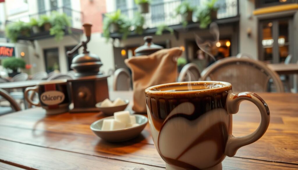 A steaming cup of New Orleans chicory coffee sits on a wooden table, surrounded by beautifully crafted ceramic mugs and a small dish of sugar cubes. In the foreground, the rich, dark liquid swirls with hints of cream, creating an inviting contrast. The middle ground features a vintage coffee grinder and a burlap sack labeled "Chicory." In the background, a charming New Orleans café scene reveals wrought-iron balconies draped with lush green plants, exuding an air of Southern hospitality. Soft, warm lighting creates a cozy ambiance, emphasizing the texture of the coffee and the rustic elements of the café. The angle captures a slightly elevated view, inviting the viewer to savor the atmosphere of this iconic beverage culture.