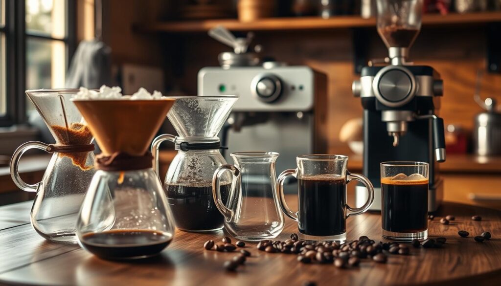 A variety of coffee brewing methods displayed on a wooden table, with a rustic kitchen setting in soft, golden morning light. In the foreground, a pour-over setup with a glass carafe, freshly brewed coffee cascading through a filter. Beside it, a French press with coarse grounds, and a cold brew pitcher with ice, emphasizing the different techniques. In the middle background, a sleek espresso machine, steam billowing softly, with a shot glass capturing rich, dark espresso. A coffee grinder and beans scattered nearby add texture. The atmosphere is warm and inviting, evoking a sense of discovery and enthusiasm about caffeine extraction. The scene is presented in a slightly elevated angle, focusing on the brewing methods without any human subjects.