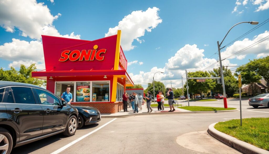 A vibrant Sonic Drive-In located in a sunny suburban neighborhood, with bright red and yellow colors on the building. The foreground features a clean, well-maintained parking lot with a few cars and a smiling employee in a blue Sonic uniform, ready to assist customers. In the middle, visible Sonic menu boards display lunch items, with people gathered around, examining the options. In the background, a clear blue sky and fluffy clouds create a cheerful atmosphere, while the surrounding area includes lush green trees and a nearby street with passing cars. The lighting is warm and inviting, capturing the essence of a lively lunch hour. The composition should be at eye level, emphasizing the welcoming environment of the location.