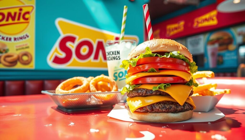 A vibrant Sonic Drive-In lunch menu displayed on a classic retro diner table, showcasing a variety of colorful items. In the foreground, a close-up view features a delicious cheeseburger stacked with fresh lettuce, tomatoes, and melted cheese, alongside crispy golden fries. In the middle, a fizzy drink with ice and a colorful straw complements the meal, while mouth-watering onion rings add visual appeal. The background includes a bright red and yellow Sonic logo along with images of signature menu items like chicken sandwiches and milkshakes. The lighting is bright and inviting, creating a cheerful atmosphere reminiscent of a sunny afternoon. The image is captured at a slight angle to emphasize the deliciousness of the food.