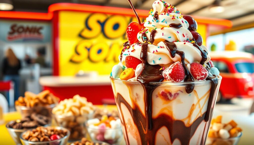 A vibrant and appetizing display of a Sonic ice cream dessert, featuring a variety of customizable toppings arranged artistically around a large, colorful sundae. In the foreground, focus on the sundae filled with vanilla, chocolate, and strawberry ice cream, generously topped with whipped cream, colorful sprinkles, gooey chocolate sauce, and fresh fruits like strawberries and cherries. The middle layer includes various toppings in small bowls—crushed cookies, nuts, marshmallows, and candy pieces—all invitingly presented. In the background, a bright Sonic drive-in setting captures the essence of a sunny day with cheerful colors and a retro design. The lighting is warm and inviting, creating a cheerful atmosphere, while a shallow depth of field draws attention to the delicious toppings and ice cream centerpiece.
