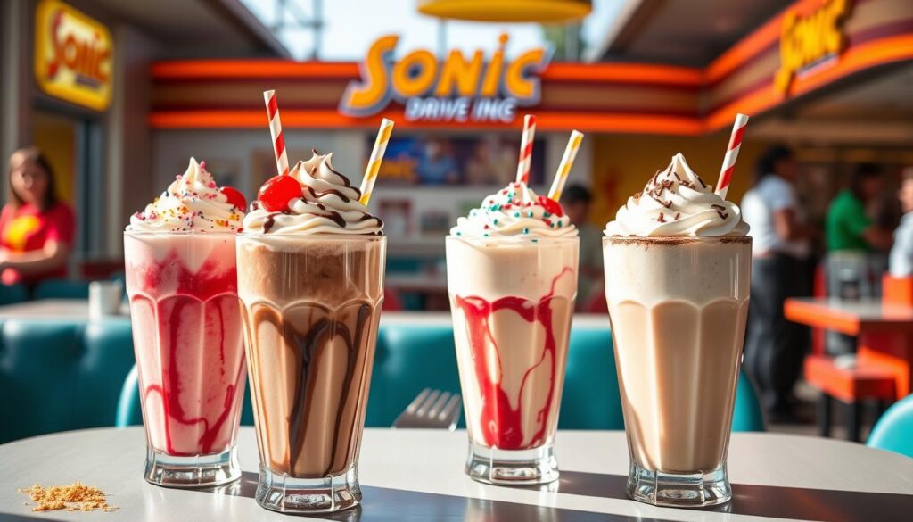 A vibrant and appetizing display of various Sonic Master Shakes, each presented in a classic tall glass with colorful whipped cream tops and garnishes like sprinkles, cherries, and chocolate drizzles. Foreground: focus on three distinct shakes with flavors such as strawberry, chocolate, and vanilla, showcasing texture and enticing colors. Middle: a sleek, modern diner table setting with stylish utensils and straws. Background: soft-focus image of a bustling Sonic drive-in, with friendly staff wearing colorful uniforms, creating an inviting atmosphere. Natural daylight filters in, casting warm highlights on the shakes, enhancing their visual appeal. The overall mood is cheerful and fun, appealing to milkshake lovers of all ages.
