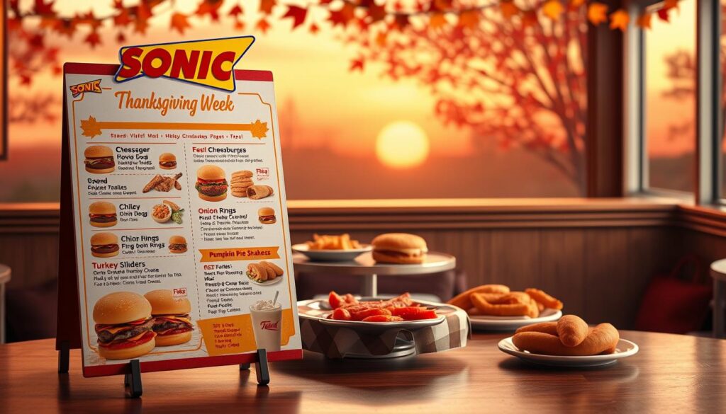 A vibrant and detailed menu from a fictional fast-food restaurant, Sonic, designed for Thanksgiving week, prominently displayed in the foreground. The menu features classic Sonic items like cheeseburgers, chili dogs, and onion rings, along with festive seasonal items like turkey sliders or pumpkin pie shakes. The middle ground includes a small table set with a checkered tablecloth, a few platters holding various Sonic favorites, and a background decorated with autumn leaves and a warm sunset glow. Soft lighting creates a cozy atmosphere, suggestive of a family gathering, with an engaging angle that emphasizes the menu while hinting at a festive celebration. The overall mood is inviting and cheerful, suitable for fans planning their Thanksgiving meals.