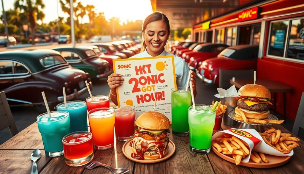 A vibrant and engaging Sonic Happy Hour menu spread laid out on a rustic wooden table, showcasing a variety of colorful drink and food offerings. The foreground features an array of refreshing slushes in vivid colors like electric blue, cherry red, and lime green, alongside decadent burgers and crispy fries artfully arranged. In the middle ground, a cheerful server, dressed in a smart Sonic uniform, proudly presents the menu, emphasizing the real-time prices with a bright smile. The background captures the lively ambiance of a Sonic drive-in, with vintage cars parked under a sunny sky, bathed in warm golden light. The scene conveys a joyful and inviting atmosphere, encouraging guests to indulge in the delicious offerings.