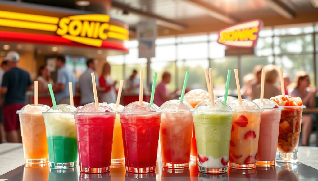 A vibrant and enticing display of various colorful slush drinks served in clear plastic cups, showcasing a range of classic flavors like cherry, blue raspberry, and lime, as well as real fruit slushes infused with strawberries and peaches. In the foreground, the slush cups are artfully arranged on a sleek table, with condensation glistening on the cups suggesting a refreshing chill. The middle ground features a soft-focus background of a bustling Sonic drive-in, with cheerful customers enjoying their drinks. A warm, inviting sunlight casts gentle shadows, enhancing the bright colors of the slushes. The atmosphere feels lively and fun, perfect for a summer afternoon.