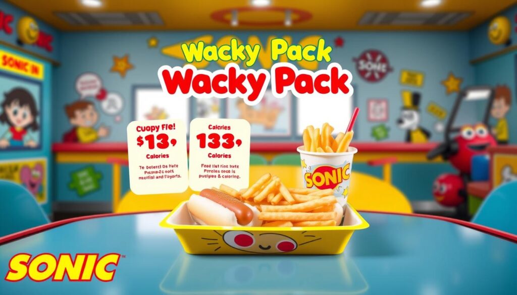 A vibrant and eye-catching promotional image depicting a "Wacky Pack" meal from a Sonic Kids Menu, prominently featuring a colorful, kid-friendly meal tray. In the foreground, visualize a bright, illustrated meal tray with a fun-shaped hot dog, curly fries, and a small drink, all neatly arranged. The middle ground showcases playful graphics showing the prices and calorie information in a whimsical and engaging manner, using colors like red and yellow to grab attention. In the background, imagine a cheerful Sonic drive-in setting, adorned with cartoonish decorations and happy, cartoon characters. Use bright and cheerful lighting, with a friendly and inviting atmosphere, captured from a slightly elevated angle to emphasize the meal’s appeal to children.