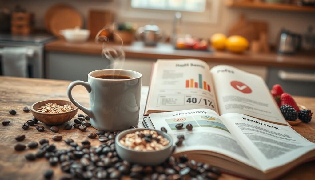 A vibrant and informative scene depicting the health benefits of coffee, focusing on a coffee mug filled with steaming coffee placed on a wooden table. In the foreground, there are scattered coffee beans and a small bowl of oats, symbolizing fiber content. The middle ground features an open book with charts and symbols highlighting coffee's health benefits and risks, surrounded by fresh fruits like berries, emphasizing a wholesome lifestyle. The background shows a cozy kitchen environment with soft, warm lighting filtering through a window, creating a welcoming atmosphere. The camera angle is slightly above eye-level, capturing the entire scene with a focus on natural textures and colors. The overall mood conveys a sense of health awareness and introspection.