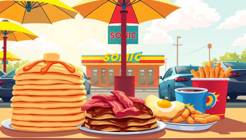 A vibrant and inviting Sonic breakfast menu illustration, showcasing an array of delicious breakfast items prominently placed in the foreground. Include fluffy pancakes stacked high, crispy bacon, fluffy scrambled eggs, golden hash browns, and freshly brewed coffee in colorful Sonic cups. The middle ground features a Sonic drive-in setting with signature teal and red colors, cars parked under bright umbrellas. In the background, a sunny morning sky with a few fluffy clouds enhances the warm atmosphere. Use soft, natural lighting to create an inviting ambiance, emphasizing the textures of the food. The image should evoke a cozy breakfast vibe, capturing the essence of Sonic's all-day breakfast offerings. No text or captions should be present.