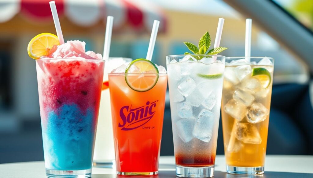 A vibrant arrangement of drinks showcasing a variety of popular choices from a Sonic Drive-In menu. In the foreground, a colorful slush with bright blue raspberry and strawberry layers, garnished with a slice of lemon and a straw. Beside it, a refreshing limeade in a clear cup, with a lime wedge on the rim. In the middle ground, a classic soft drink with ice glistening in the sunlight, along with a chilled iced tea adorned with a sprig of mint. The background features a blurred car hop setting, reflecting a summer vibe. The scene is well-lit with natural sunlight, enhancing the colors of the drinks. Shot with a soft focus effect, creating a cheerful and inviting atmosphere, perfect for a drinks menu.
