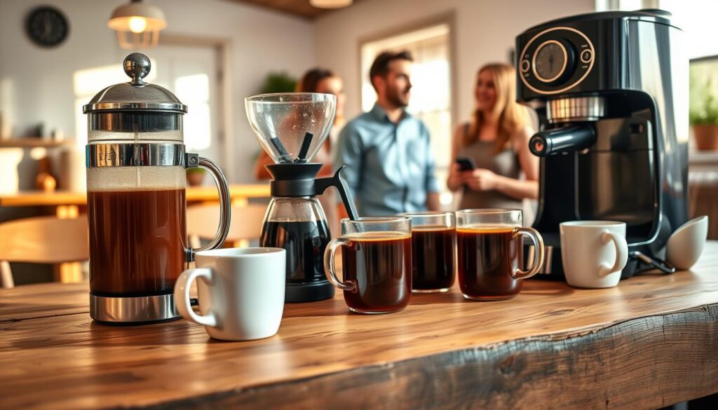 A vibrant coffee brewing setup displayed on a rustic wooden table, featuring various coffee makers: a large French press, a drip coffee maker, and an espresso machine. In the foreground, close-up of freshly brewed coffee pouring into mugs. The middle section showcases friends engaged in conversation, dressed in comfortable casual clothing, excitedly discussing their preferred brewing methods. The background includes an inviting kitchen setting with warm, natural lighting filtering through a window, casting gentle shadows. Soft, inviting colors create a warm atmosphere, emphasizing the communal and friendly vibe of brewing coffee for a large group, ideal for fostering connection and enjoyment. The scene captures the essence of choosing the best brewing methods based on group size and setup.